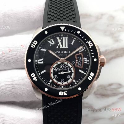 Swiss Grade Cartier Calibre Diver 42mm Watch Rose Gold Fluted Bezel 